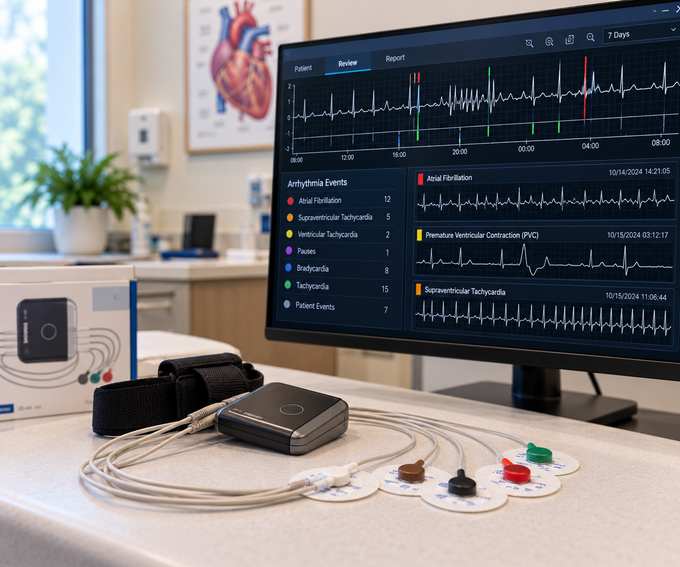 Holter heart rhythm monitor with electrodes beside a screen reviewing arrhythmia recordings