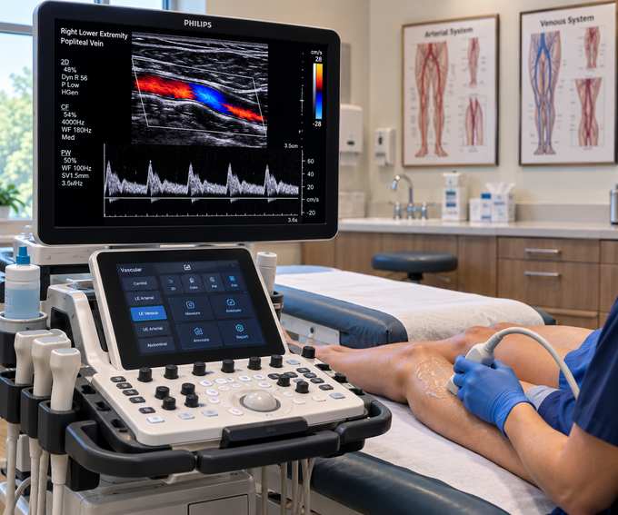 Sonographer performing a vascular ultrasound of the leg with color Doppler on screen